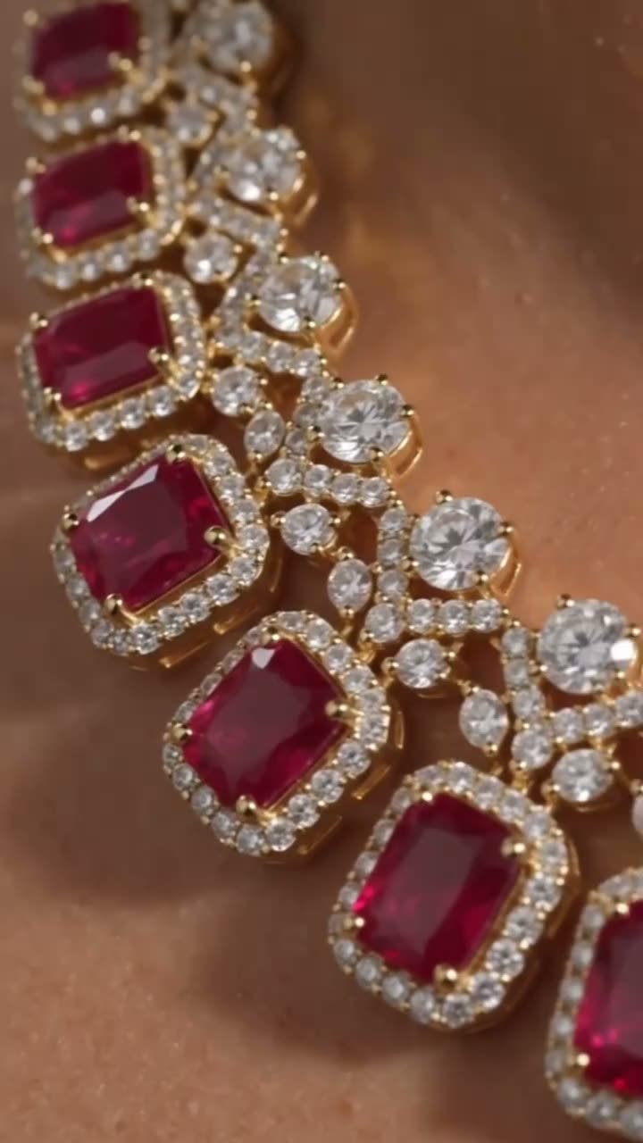 A ruby and diamond suite worn: necklace, earrings and ring