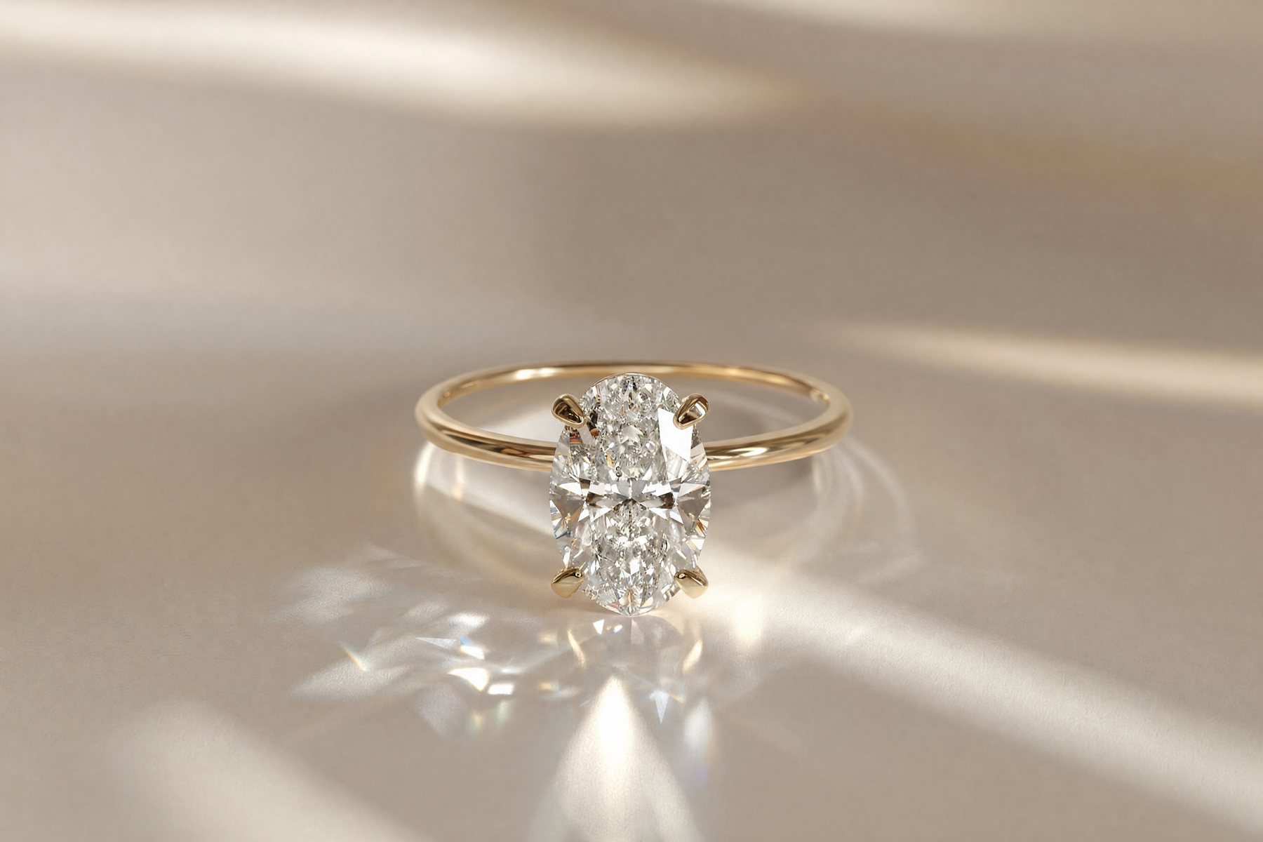 An oval-cut diamond solitaire in yellow gold, on cream silk